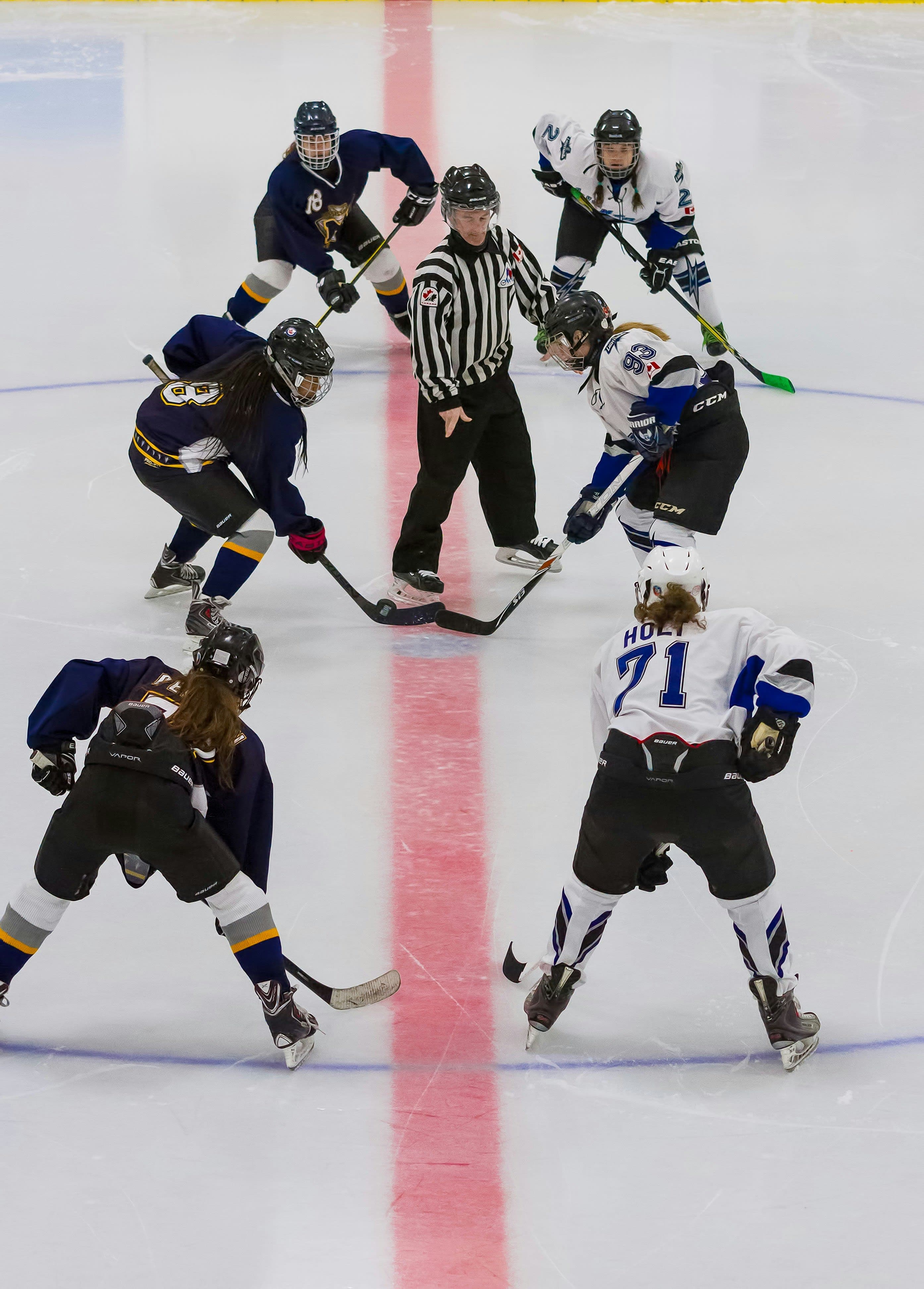 College-Eishockey-Face-off – NCAA-Spiel der Frauen Zwei Eishockeyspielerinnen bereiten sich auf ein Face-off vor, während der Schiedsrichter den Puck fallen lässt.